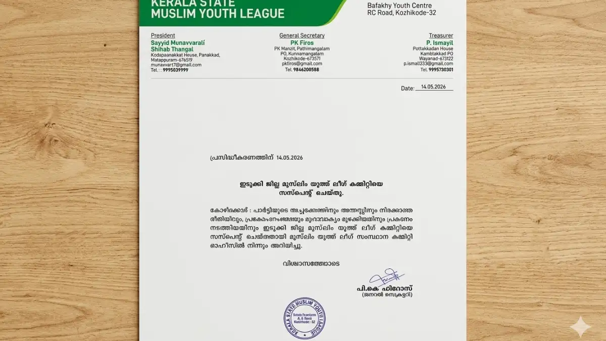 മുസ്ലീം ലീഗ് നടപടി യൂത്ത് ലീ​ഗ് ഇടുക്കി, IUML Action, Youth League, Idukki District Committee, Controversial Slogan, Thodupuzha News, Kerala Politics.