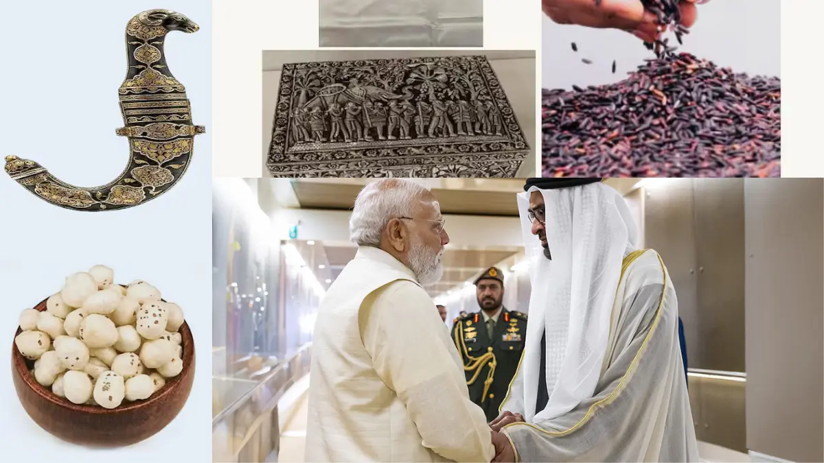 പ്രധാനമന്ത്രി മോദി സമ്മാനങ്ങൾ, യുഎഇ സന്ദർശനം 2026, നരേന്ദ്ര മോദി യുഎഇ, രോഗൻ പെയിന്റിങ് ഗുജറാത്ത്, ചക് ഹാവോ കറുത്ത അരി, കേസർ മാമ്പഴം യുഎഇ, കോഫ്റ്റ്ഗാരി വാൾ രാജസ്ഥാൻ