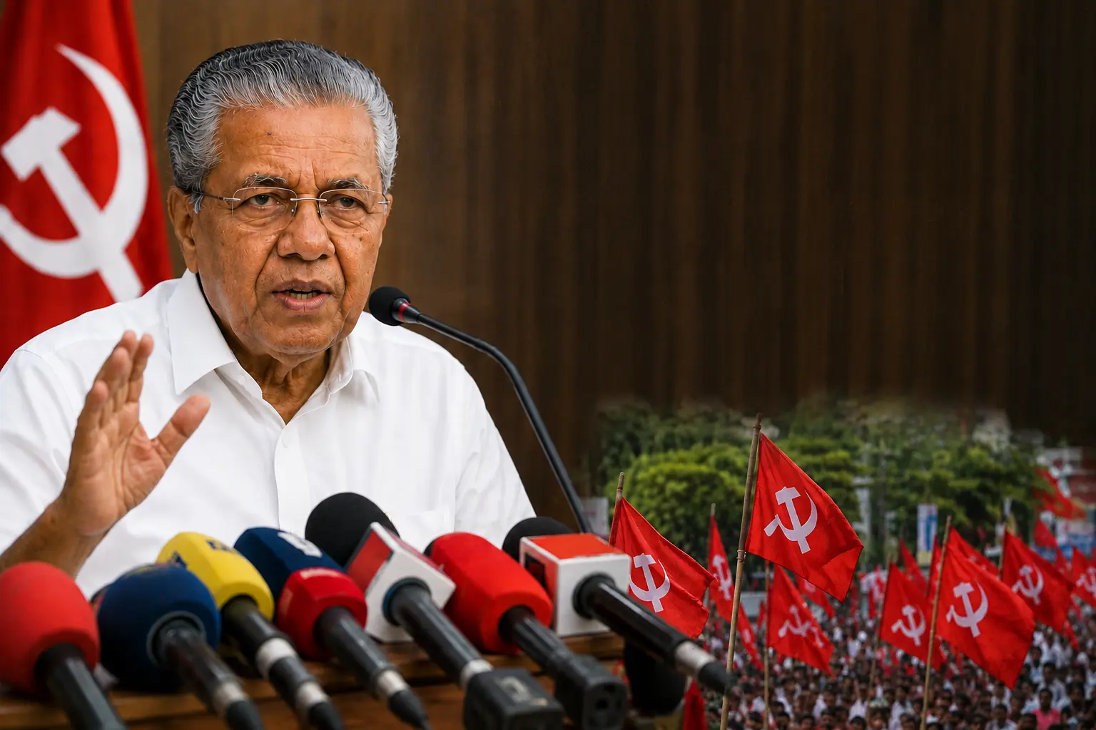 തിരഞ്ഞെടുപ്പ് പരാജയത്തെക്കുറിച്ച് സംസാരിക്കുന്ന മുഖ്യമന്ത്രി പിണറായി വിജയന്റെ ചിത്രം.