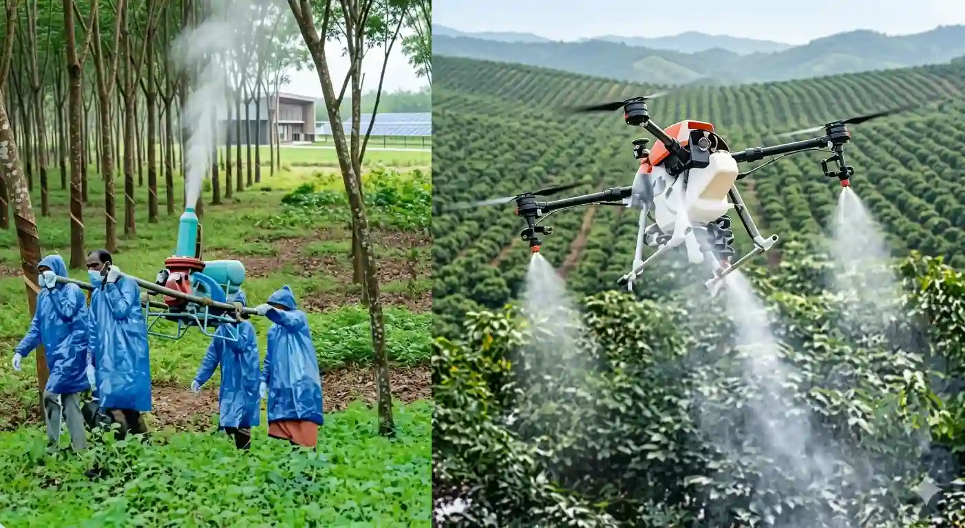 എഐ ഡ്രോൺ സാങ്കേതികവിദ്യ, Drone Spraying Rubber Plantation, AI Agriculture Kerala 2026, Rubber Board Digital Update, Smart Farming Drones India.
